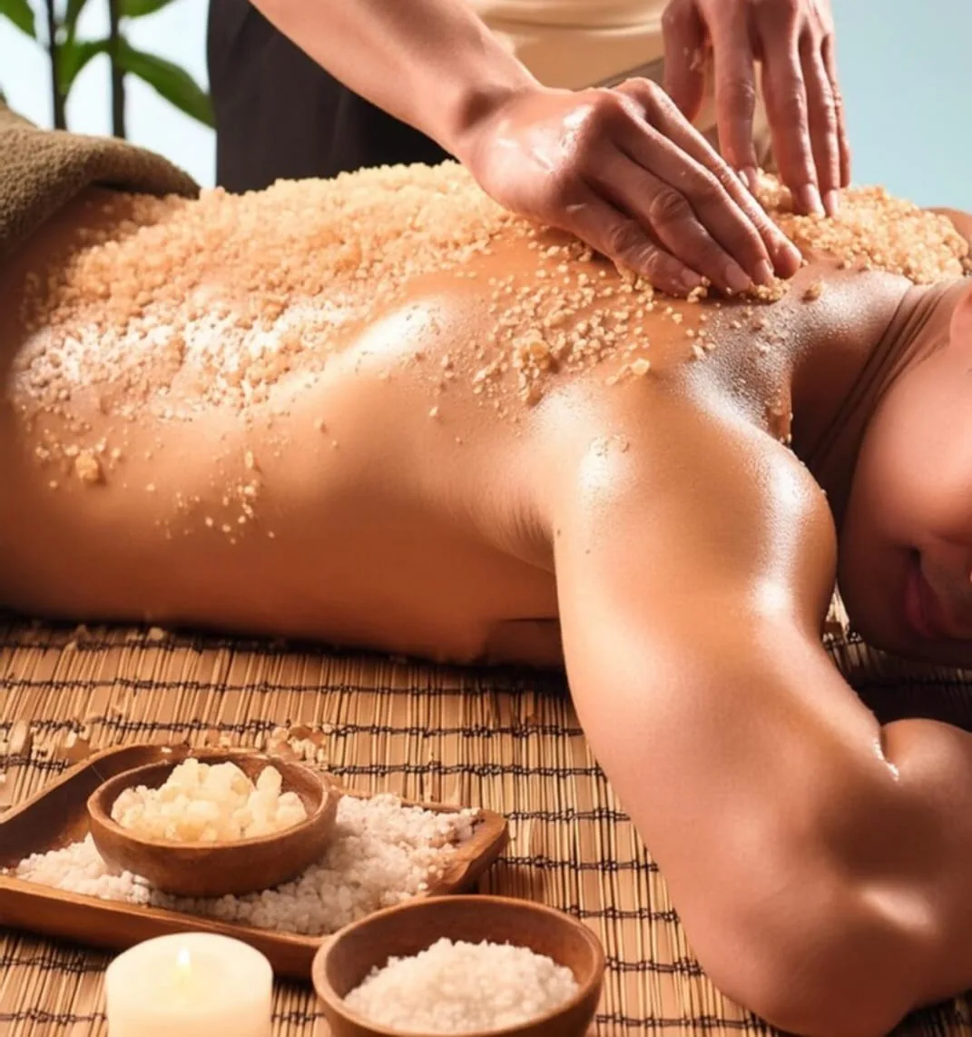 Therapist massaging an herbal salt scrub into a client's back